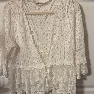 POL White Crochet Lace Tunic Cardigan